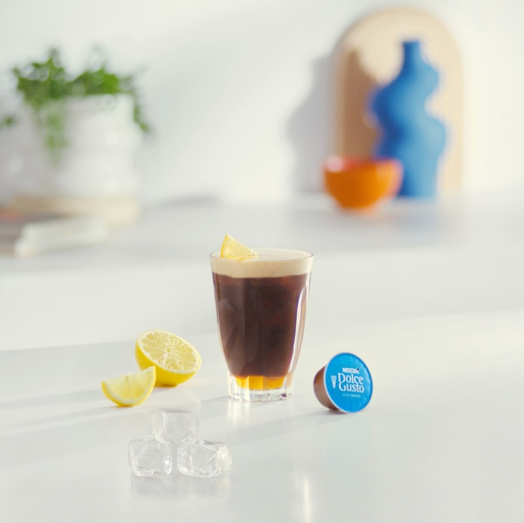 iced lemon coffee frappé recipe next to ingredients